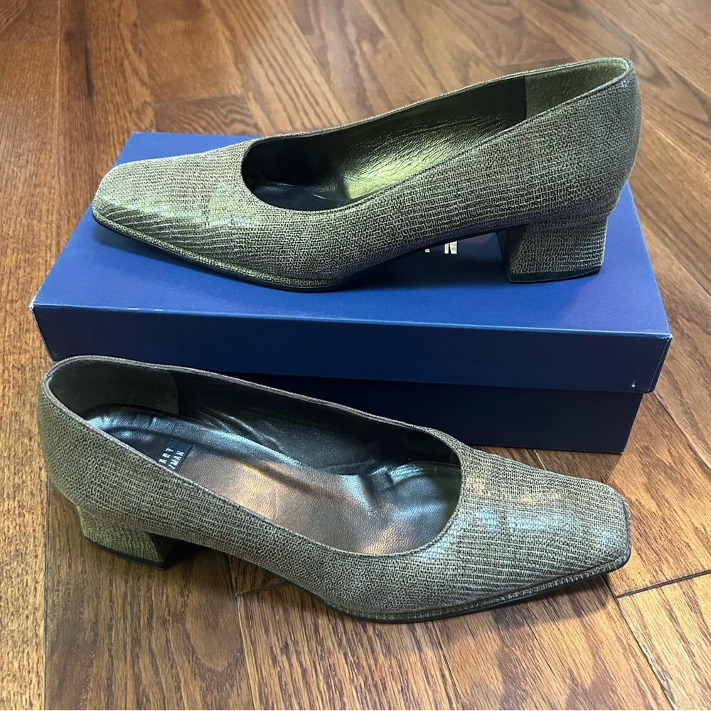 Stuart Weitzman Sutton Mushroom Donegal Tan Block Heel Shoes - size 7.5